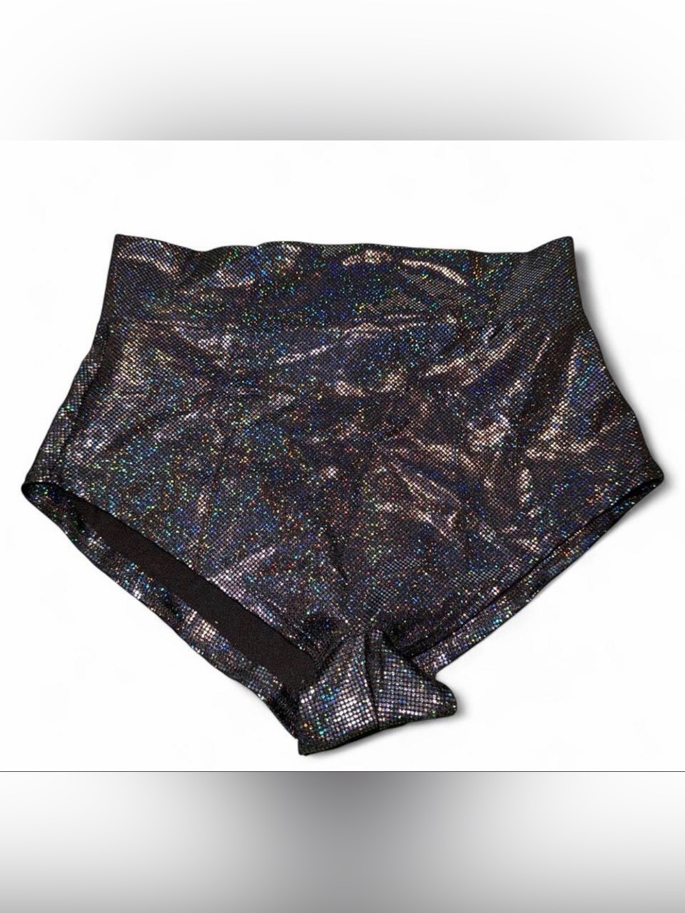 Black holographic shorts with iridescent glitter
